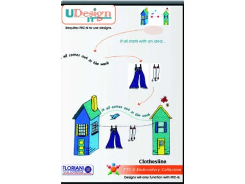 A Floriani U-Design It Clothes Line embroidery collection with houses, clothes, and text.