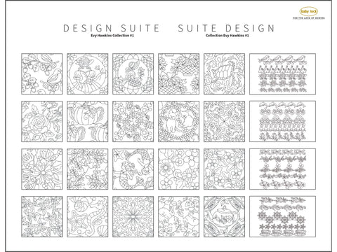 A grid of 28 black and white line art embroidery designs, including birds, flowers, and animals.