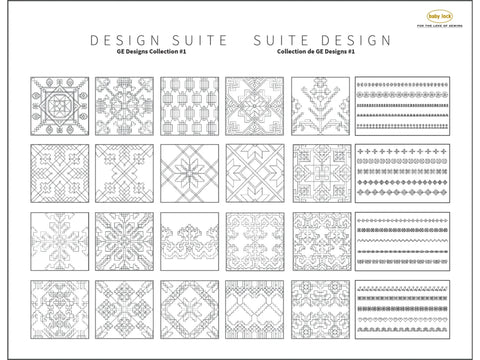 A white page displays 25 square embroidery designs and 25 border designs.