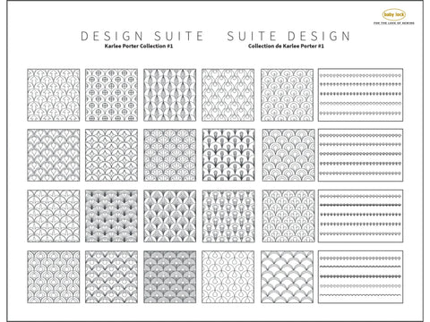 A white page displays 20 unique quilt patterns and 12 border designs.