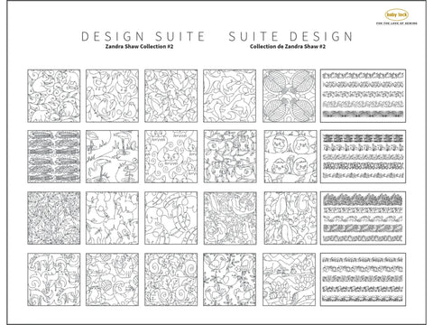A white sheet displays 20 square and 10 rectangular quilt patterns with various animal and nature designs.