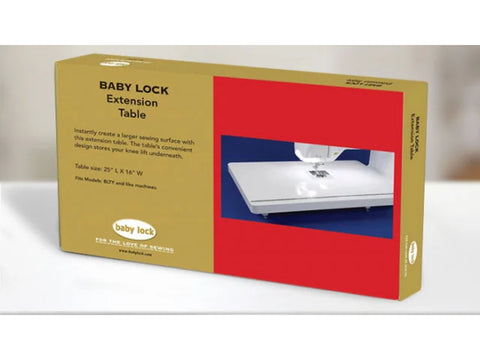 Baby Lock Extension Table in a gold box with a red and blue panel showing a sewing machine.
