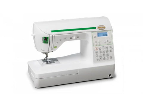 A white Baby Lock Elizabeth sewing machine with green accents and a digital display.