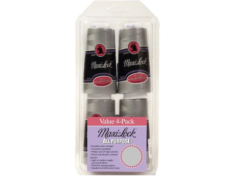 Four spools of light grey Maxi-Lock all-purpose thread in a clear plastic package.
