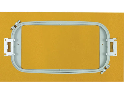 An 8 by 14 inch multi-needle embroidery hoop on a yellow background.