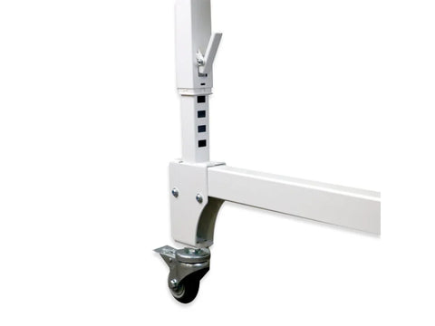 A white metal frame extension with a height adjustment lever and a caster wheel.