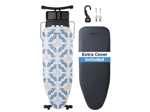 An IronMatik Space Maker ironing board with a blue and gray patterned cover and an extra black cover.