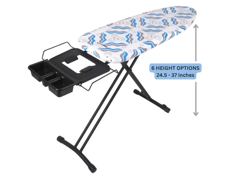 An IronMatik Space Maker ironing board with a blue and gray patterned cover and a black accessory tray.