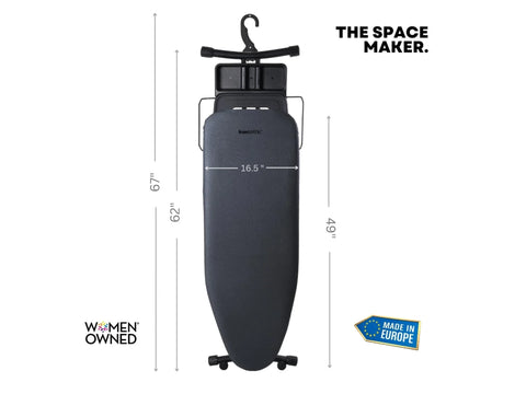 IronMatik Space Maker ironing board, black with dimensions 67, 62, 49, and 16.5 inches.
