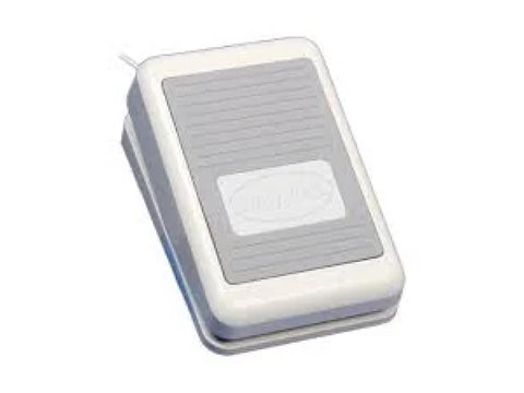 White and gray rectangular foot control with a cord extending from the top left.