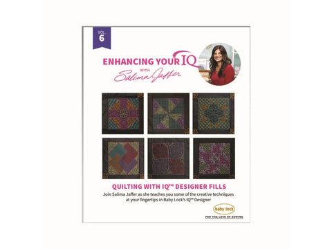 A white booklet titled "Enhancing Your IQ with Salima Jaffer, Vol. 6" shows six quilted blocks.