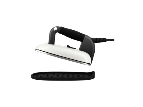 A white and black Laurastar Lift steam iron with a black base.