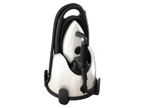 A white Laurastar Lift steam iron with a black handle and cord, standing upright.