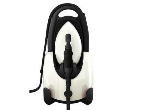 A white and black Laurastar Lift portable steam iron.