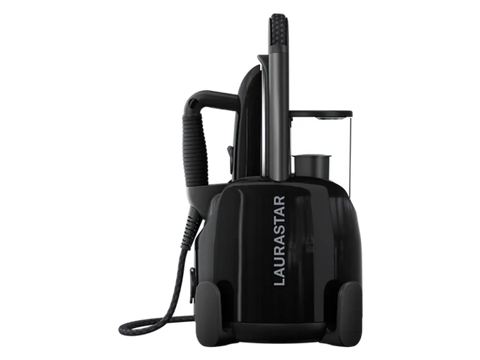 A black Laurastar Lift Plus Steam Iron is shown from the side.