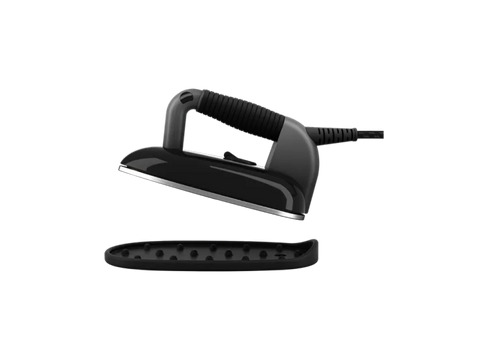 Black portable steam iron with a ribbed handle and a separate black resting mat.