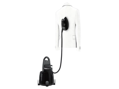 A black Laurastar Lift Plus steam iron is connected to a white jacket on a mannequin.