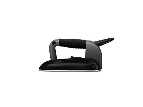 A black Laurastar Lift Plus steam iron with a ribbed handle and power cord.