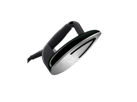 A black and silver Laurastar Lift Plus Steam Iron with a ribbed handle.