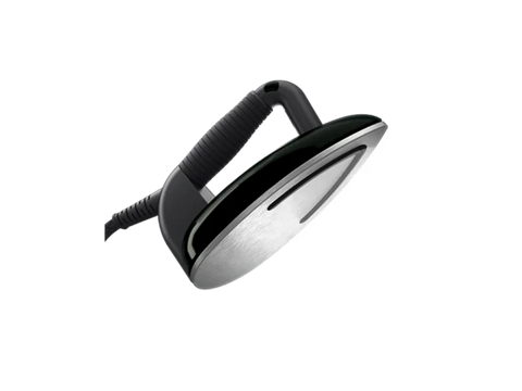 A black and silver Laurastar Lift Plus steam iron with a ribbed handle.