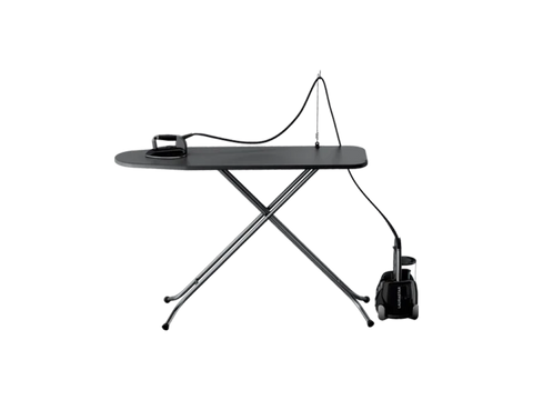 A black Laurastar Lift Plus Steam Iron with an ironing board and steam generator.