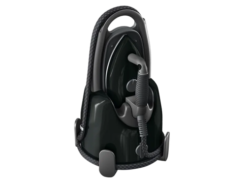 A black Laurastar Lift Plus Steam Iron with a handle and wrapped cord.