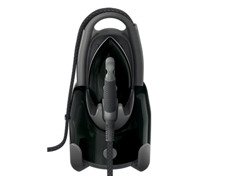 A black Laurastar Lift Plus steam iron with a dark gray hose and handle.