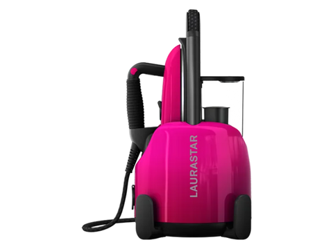Pink Laurastar Lift Plus portable steam iron with black accents.