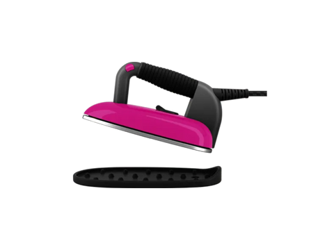 Pink and black Laurastar Lift Plus steam iron with its base.