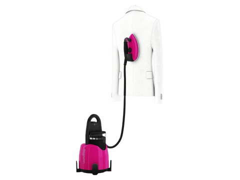 A pink Laurastar Lift Plus steam iron with a black hose connected to a pink iron, shown next to a white jacket.