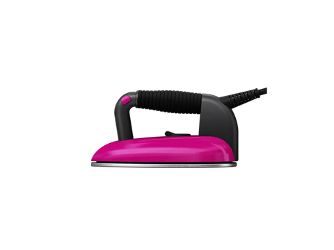 A pink and black Laurastar Lift Plus Steam Iron is shown from the side.