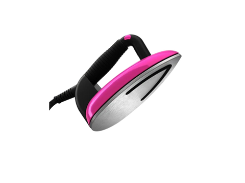 A pink and black Laurastar Lift Plus Steam Iron is angled on a black background.