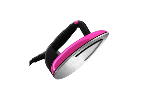 Pink and black Laurastar Lift Plus Steam Iron with a brushed metal soleplate.