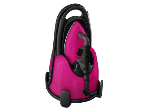 A pink and black Laurastar Lift Plus portable steam iron with its cord wrapped around the base.