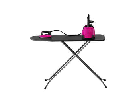 A pink Laurastar Lift Plus steam iron and ironing board are shown.