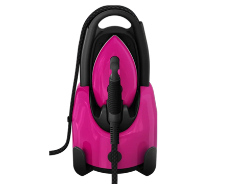 Pink Laurastar Lift Plus portable steam iron with a black handle and hose.