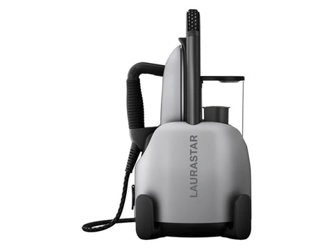 A silver Laurastar Lift Xtra Steam Iron with a black handle and cord, viewed from the side.