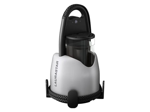 A white and black Laurastar Lift Xtra Steam Iron with a textured handle.