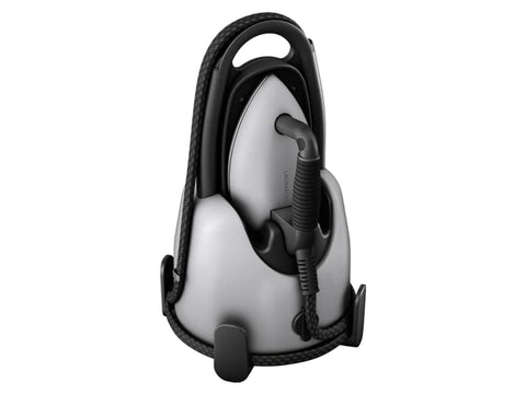 Laurastar Lift Xtra Steam Iron in aluminum, with a black cord wrapped around the base.