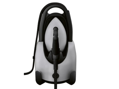 A Laurastar Lift Xtra Steam Iron in aluminum, with a black handle and cord.