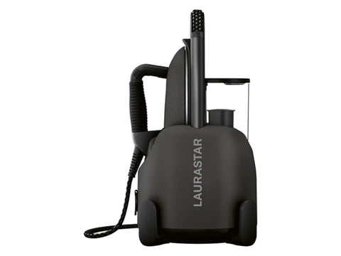 A black Laurastar Lift Xtra portable steam iron with a water tank.