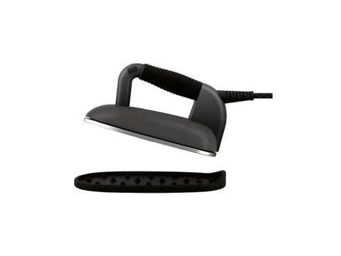 A dark grey Laurastar Lift Xtra Steam Iron with a black handle and cord, hovering above its black base.