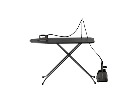 A dark grey Laurastar Lift Xtra steam iron and ironing board.