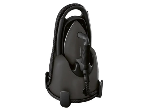 A black Laurastar Lift Xtra Steam Iron in its base, with the iron facing forward.