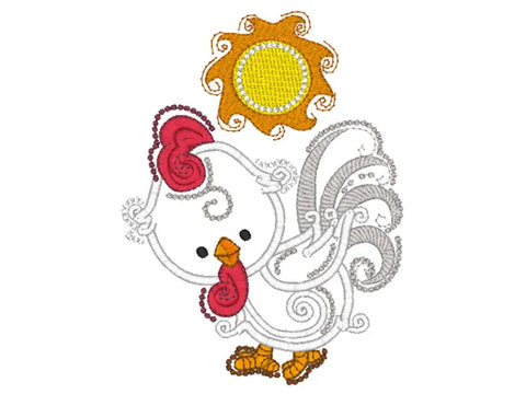 An embroidered white swirly farm animal with a red comb and wattle, and an orange sun above.