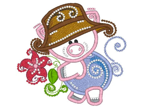 An embroidered pig wearing a brown hat, blue overalls, and holding a red flower.