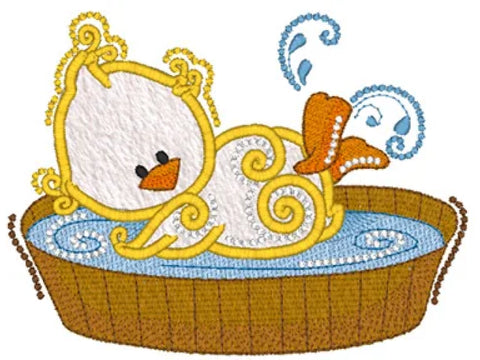 An embroidered baby chick in a golden frame, bathing in a brown tub.