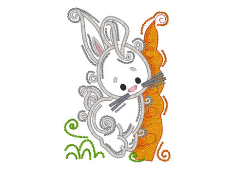 An embroidered white rabbit with swirly gray accents peeks from behind an orange carrot.