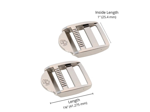 Two nickel 1-inch strap adjusters are shown with their inside and overall lengths.