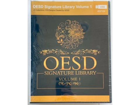 OESD Signature Library Volume 1, an embroidery collection with 619 designs on a USB.